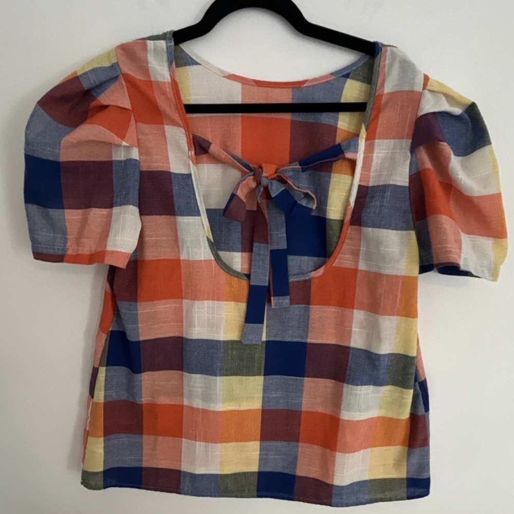 SHEIN Multicolor Plaid Puff Sleeve Tie Back Blouse 0XL Women's Cotton Viscose